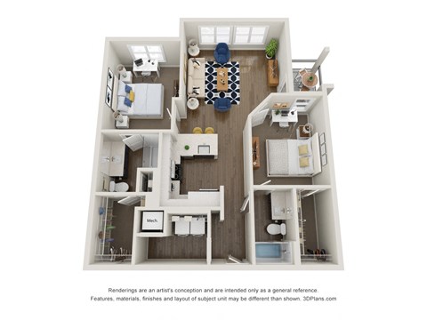 Floor plan for 2 beds, 2 baths, 1065 sqft